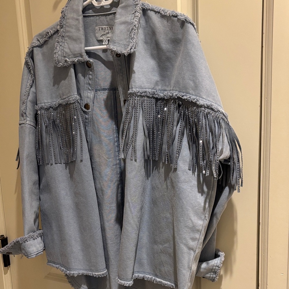 Women's (S) Blue Denim Jacket with Sparkle Fringe by TWELVE